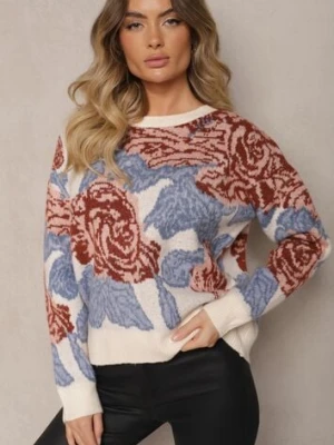 Jasnobeżowy Pudełkowy Sweter w Rustykalnym Stylu z Metaliczną Nicią i Abstrakcyjnym Wzorem Savelie acajo