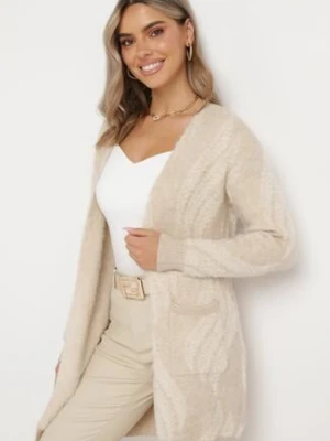 Jasnobeżowy Puszysty Kardigan Niezapinany Heliture wool fashion