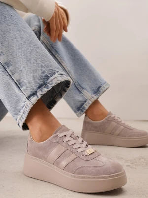 Jasnobeżowy Sneakersy na Platformie z Zamszu Naturalnego ze Skórzaną Wkładką Heizeiros Goodin