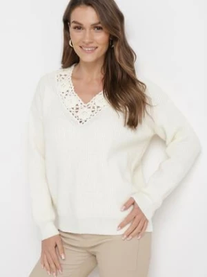 Jasnobeżowy Sweter Dzianinowy z Ażurowym Dekoltem Elseli bisou's project