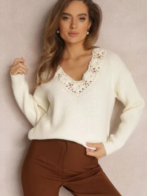 Jasnobeżowy Sweter Dzianinowy z Ażurowym Wzorem Elisora bisou's project