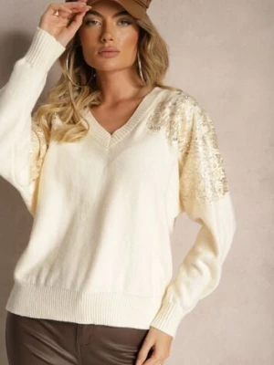 Jasnobeżowy Sweter o Kroju Nietoperza Ozdobiony Cekinami i Cyrkoniami Nevarraea wei wei