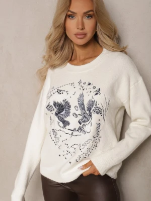 Jasnobeżowy Sweter Ozdobiony Haftowanym Wzorem w Ptaki Inarielle Acajo