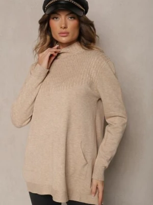 Jasnobeżowy Sweter Półgolf z Bawełną i Kieszenią z Przodu Emittes j&x