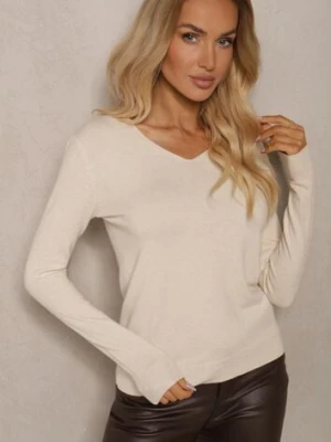 Jasnobeżowy Sweter z Bawełną i Trójkątnym Dekoltem Eulinevia