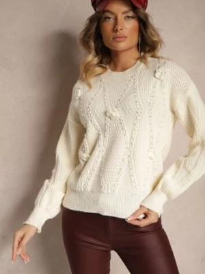 Jasnobeżowy Sweter z Bawełną Ozdobiony Kwiatkami 3D i Perełkami Noraleth