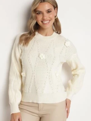 Jasnobeżowy Sweter z Bawełną Perłami i Kwiatami 3D Noraviela elsa.m by may