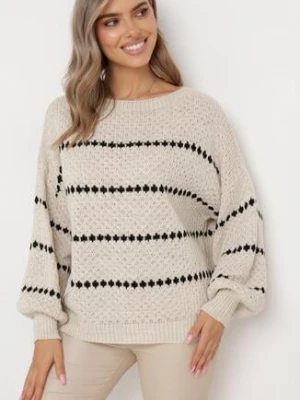 Jasnobeżowy Sweter z Bufiastymi Rękawami Ozdobiony Cienkimi Paskami Bilentia tricot station