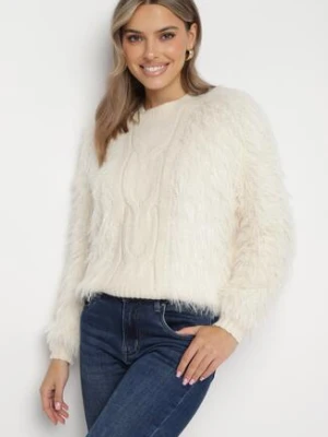 Jasnobeżowy Sweter z Długim Włosiem i Dodatkiem Wełny Merithina j&x