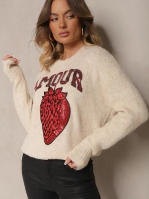 Jasnobeżowy Sweter z Dodatkiem Wełny Ozdobiony Naszywką Truskawką i Napisem Zozizelle