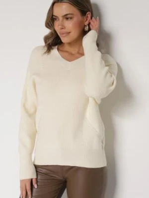 Jasnobeżowy Sweter z Domieszką Kaszmiru z Dekoltem w Serek Feralaine