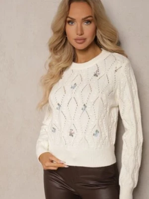 Jasnobeżowy Sweter z Haftowanymi Kwiatkami i Tłoczeniem Innara acajo