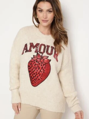 Jasnobeżowy Sweter z Napisem i Truskawką w Cekiny z Domieszką Wełny Zozirya bisou's project
