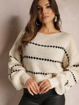 Jasnobeżowy Sweter z Szerokimi Bufiastymi Rękawami i Drobnym Wzorem Nigistis tricot station