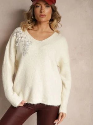 Jasnobeżowy Sweter z Wełną Ozdobiony Cekinami i Kwiatami 3D Calimi