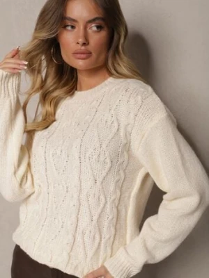 Jasnobeżowy Sweter z Wełną Ozdobnym Splotem i Ściągaczem Nariae j&x