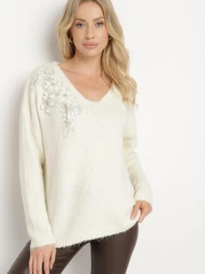 Jasnobeżowy Sweter z Wełną Ozdobnymi Kwiatami 3D i Cekinami Yasimi bisou's project