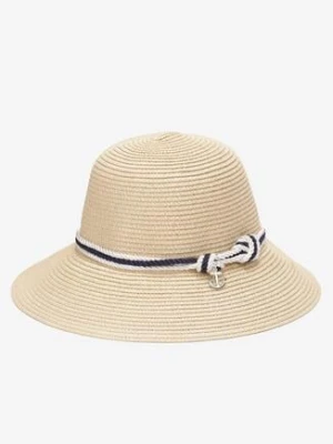 Jasnobeżowy Szeroki Kapelusz Ozdobiony Plecionką i Taśmą Tanga