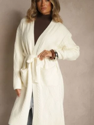 Jasnobeżowy Tłoczony Kardigan z Wełną o Kroju Bez Zapięć z Paskiem Dorrive j&x