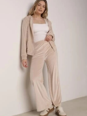 Jasnobeżowy Welurowy Komplet Dresowy Bluza z Kapturem i Szerokie Spodnie Atiferi defox