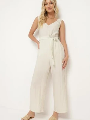 Jasnobeżowy Wiskozowy Kombinezon na Ramiączkach z Materiałowym Paskiem i Gumkami w Talii Zadia rosa