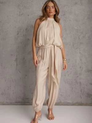 Jasnobeżowy Wiskozowy Komplet na Lato Top Bez Rękawów i Wiązane Spodnie Balloon Eliness m&d fashion