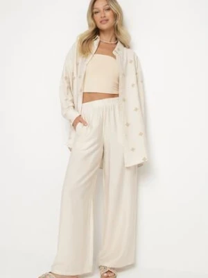Jasnobeżowy Wiskozowy Komplet z Koszulą z Haftem i Szerokimi Spodniami Thannora