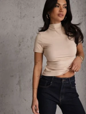 Jasnobeżowy Wiskozowy T-shirt o Dopasowanym Kroju z Golfem Isomina elsa.m by may