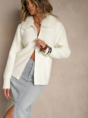 Jasnobeżowy Zasuwany Kardigan z Wełną z Futerkowym Kołnierzem Asiste j&x