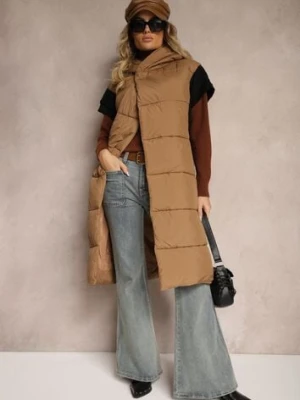 Jasnobrązowa Długa Kamizelka z Pikowanego Materiału o Kopertowym Kroju z Kapturem i Paskiem Nerietta ann gissy