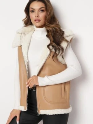 Jasnobrązowa Kamizelka Bezrękawnik z Ekoskóry Ozdobiony Kożuszkiem Lilkana melya by melody