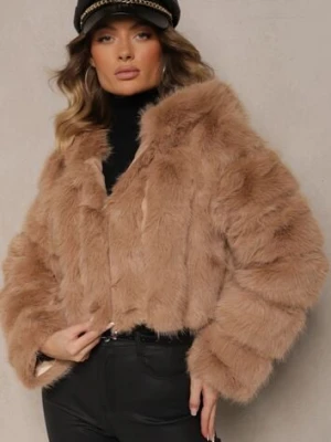 Jasnobrązowa Krótka Kurtka Futerko z Pikowanymi Przeszyciami Kemeriana wool fashion