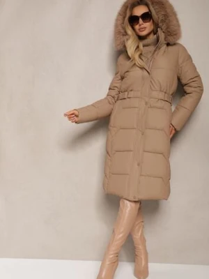 Jasnobrązowa Kurtka z Pikowanymi Przeszyciami i Kapturem z Futrem z Możliwością Odpięcia Innaia metro five