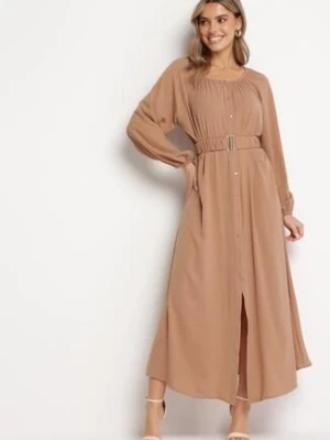 Jasnobrązowa Luźna Sukienka Maxi z Guzikami i Paskiem z Ozdobną Klamrą Liriti rosa