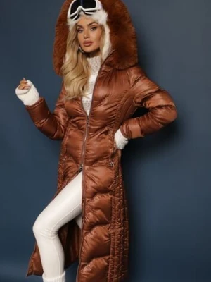 Jasnobrązowa Pikowana Kurtka o Długim Kroju z Kapturem z Futrem z Możliwością Odpięcia Tiennara j.style