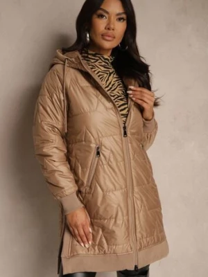 Jasnobrązowa Przejściowa Kurtka z Kapturem Zdobiona Pikowaniem Fesulia swest