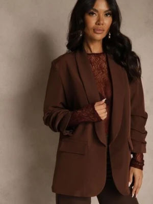 Jasnobrązowa Pudełkowa Marynarka Bez Zapięć z Wiskozą z Marszczonymi Rękawami Fenidia