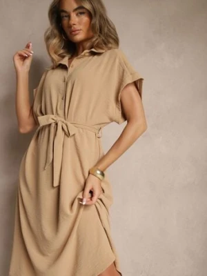 Jasnobrązowa Pudełkowa Sukienka z Bawełną i Paskiem Savorienne j&x