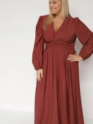 Jasnobrązowa Rozkloszowana Sukienka z Marszczeniem i Gumką w Pasie Fedorna retro & icone