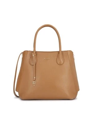 Jasnobrązowa skórzana torebka z brelokiem i zamkami poszerzającymi Kazar