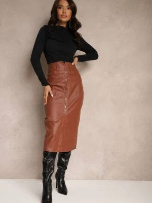 Jasnobrązowa Spódnica z Ekoskóry High Waist z Rozcięciem i Napami z Przodu Asttia m.sara