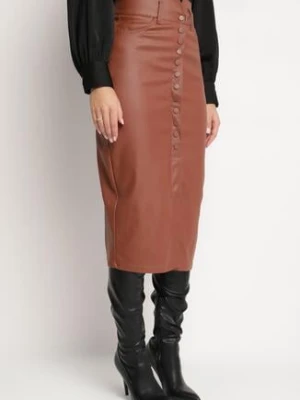 Jasnobrązowa Spódnica z Imitacji Skóry z Ozdobną Talią Zapinana na Napy z Przodu Meale m.sara