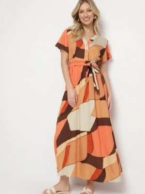 Jasnobrązowa Sukienka Rozkloszowana z Wiskozy w Geometryczny Wzór z Paskiem Ranislla cflo