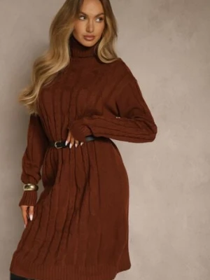 Jasnobrązowa Sukienka Sweterkowa z Golfem Wełną Bawełną i Ozdobnym Splotem Reilenea