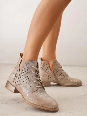 Jasnobrązowe Ażurowe Botki ze Skórzaną Wkładką z Wycięciem Nanalitia m.daszynski