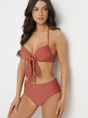 Jasnobrązowe Bikini Biustonosz z Ozdobnym Wiązaniem i Majtki Figi Fevonellea