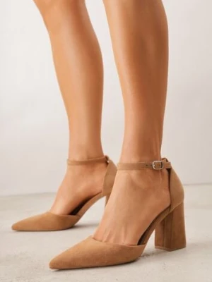 Jasnobrązowe Czółenka z Imitacji Zamszu na Słupkowym Obcasie ze Szpiczastym Noskiem Hadina