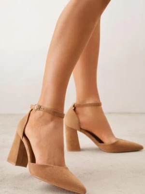 Jasnobrązowe Czółenka z Imitacji Zamszu na Słupku z Noskiem w Szpic Violetto ideal