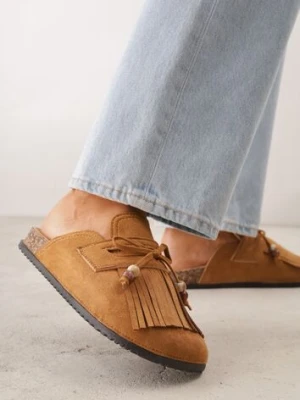 Jasnobrązowe Klapki Mule na Płaskiej Podeszwie z Frędzlami Kokardą i Koralikami Zinriara sergio todzi