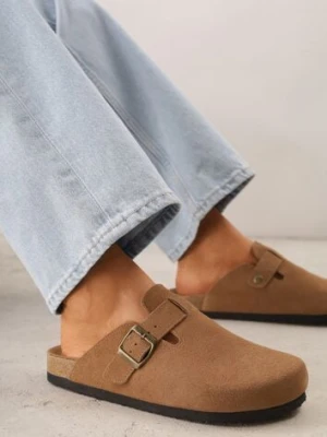 Jasnobrązowe Klapki Typu Chodaki z Zamszu Naturalnego z Klamrą Meridnore ideal